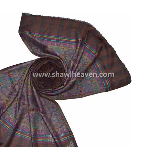 Burnt orange/ dark brown paisley bordered wool stole from india